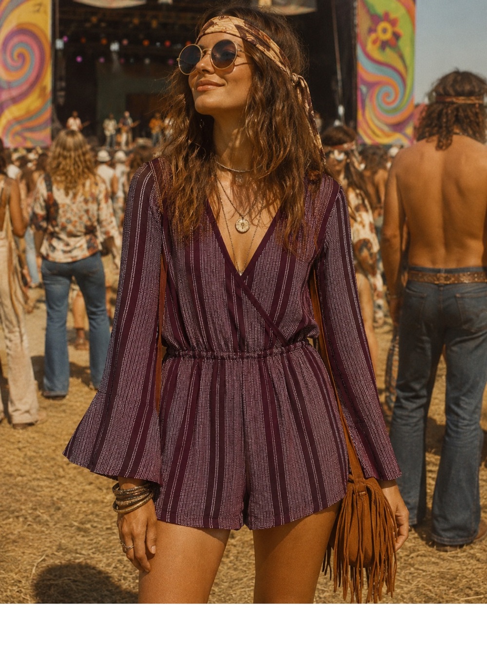 Band of Gypsies Burgundy 70’s  Striped V-Neck Boho  Romper